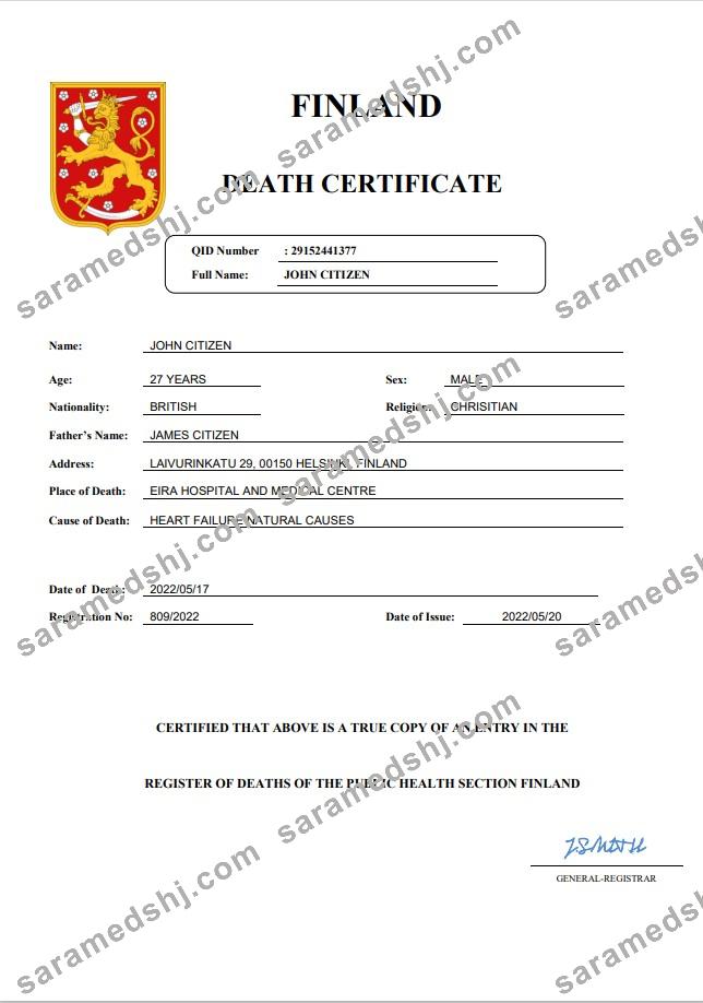 Finland death certificate Word and PDF template